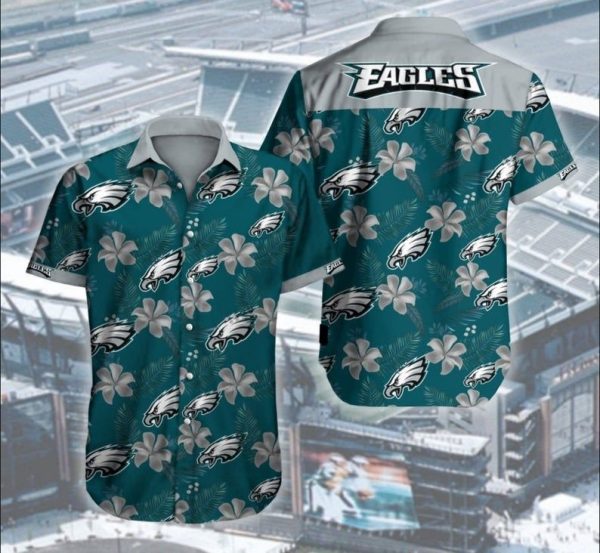 Philadelphia Eagles Hibicus NFL Button Hawaiian Graphic Print Short Sl