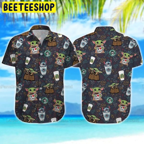 Baby Yoda And Stitch Ohana Coffee Button Down Trending Hawaiian Shirt-1