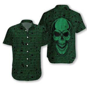 Beach Shirt Find Binary Code Skull Dark Green Hawaiian Aloha Shirts
