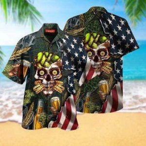Beach Shirt Order Hawaiian Aloha Shirts Skull Beer Flag