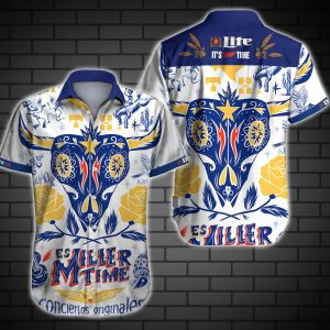 Beer Hawaiian Shirt Miller Lite Its Time Skull Yellow Blue Hawaiian Shirt