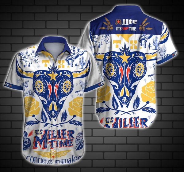 Beer Hawaiian Shirt Miller Lite Its Time Skull Yellow Blue Hawaiian Shirt