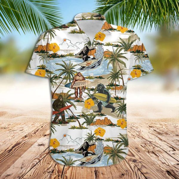 Bigfoot Hawaiian Shirt Bigfoot Surfing At The Beach Hawaiian Shirt