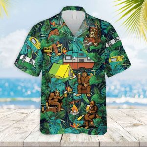Bigfoot Hawaiian Shirt Camping Bigfoot Green Hawaiian Shirt