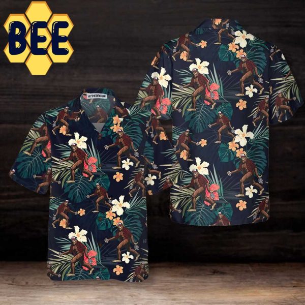 Bigfoot With Tropical Leaves Funny Halloween Hawaiian Shirt-1