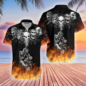 Biker Skulls On The Fire Hawaiian Shirt For Men Women Adult
