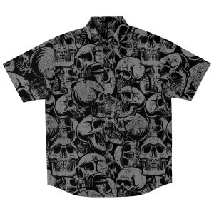 Black And Gray Skulls Pattern Hawaiian Button Down Short Sleeved Shirt