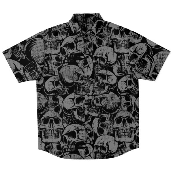 Black And Gray Skulls Pattern Hawaiian Button Down Short Sleeved Shirt
