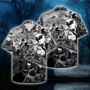 Black And White Skull Cat Hawaiian Shirt