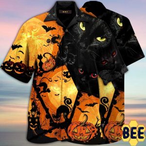 Black Cat And Pumpkin Trending Hawaiian Shirt-1
