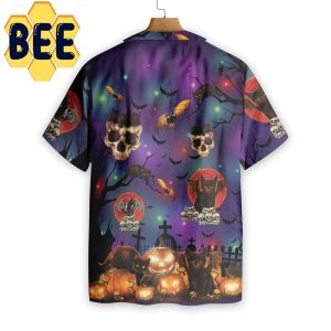 Black Cat And Skulls Halloween Hawaiian Shirt-1