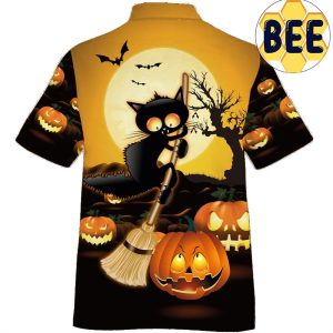 Black Cat Broom Sweep Halloween Hawaiian Shirt-1