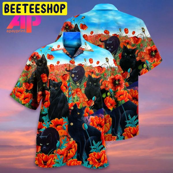Black Cat Flower Trending Hawaiian Shirt-1