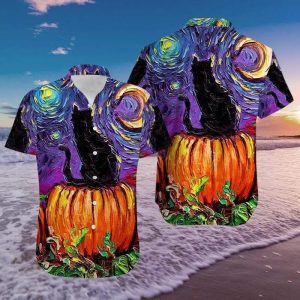 Black Cat Halloween Hawaiian Shirt Print Aloha Short Sleeve Unisex Shirt 2
