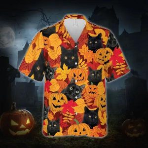Black Cat Halloween Hawaiian Shirt Print Aloha Short Sleeve Unisex Shirt 3