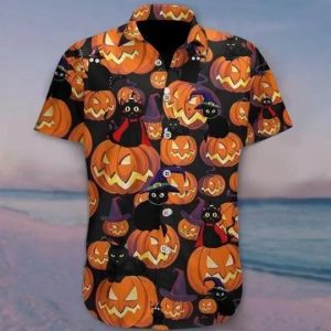 Black Cat Halloween Hawaiian Shirt Print Aloha Short Sleeve Unisex Shirt