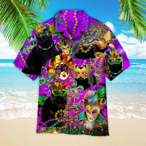 Black Cat Mardi Gras Aloha Hawaiian Shirt