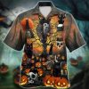 Black Cat Skull Skeleton Halloween Hawaiian Shirt