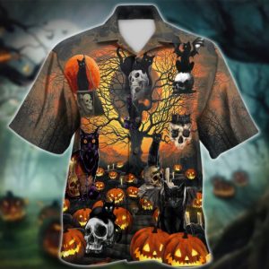 Black Cat Skull Skeleton Halloween Hawaiian Shirt