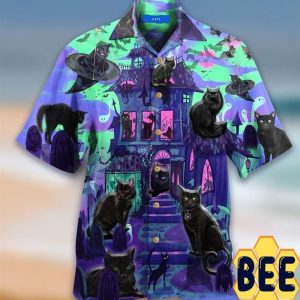 Black Cats In A Haunted House Halloween Hawaiian Shirt-1