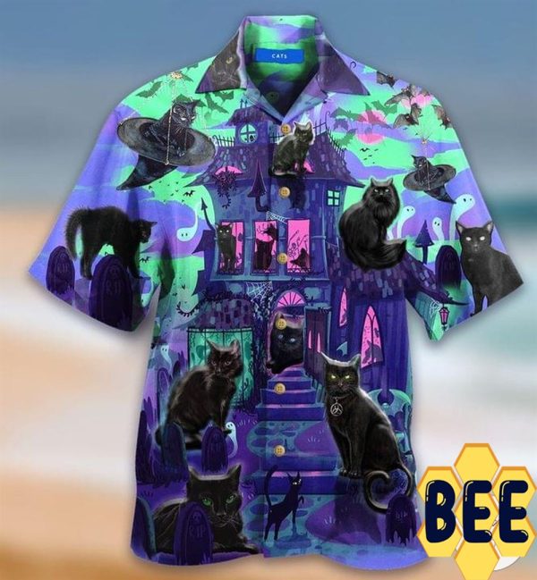 Black Cats In A Haunted House Halloween Hawaiian Shirt-1