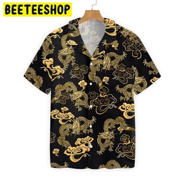 Black Gold Oriental Dragon Trending Hawaiian Shirt-1