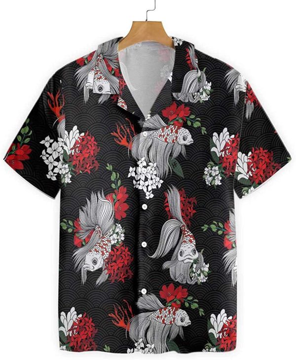 Black Koi Fish And Flowers Hawaiian Shirt