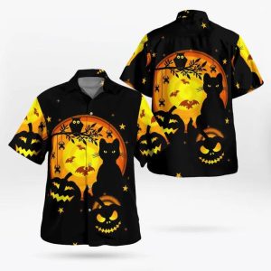 Black Night Halloween Spooky Night Pumpkin Cat Owl Bat Hawaiian Shirt