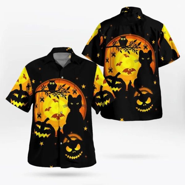 Black Night Halloween Spooky Night Pumpkin Cat Owl Bat Hawaiian Shirt