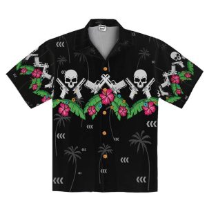 Black Skull And Short Gun Unisex Hawaiian Shirts