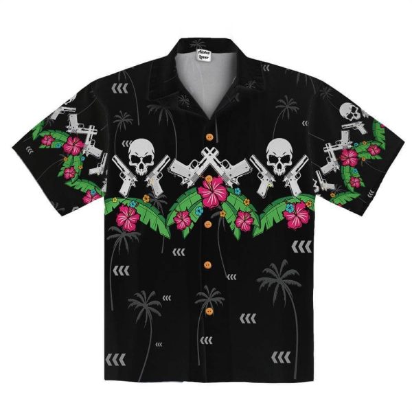 Black Skull And Short Gun Unisex Hawaiian Shirts