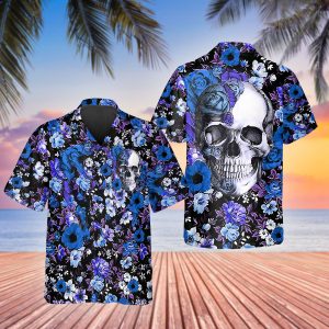 Blue Flower Happy Summer Skull Hawaiian Shirt