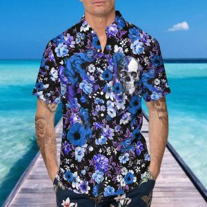 Blue Happy Summer Flowers Grinning Skull Hawaiian Shirt
