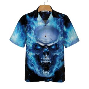 Blue Neon Skull Flame Hawaiian Shirt 3d Blue Fire Skull Shirt