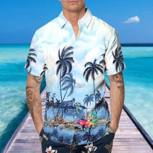 Blue Ocean Coconut Tree Skull Hawaiian Shirt