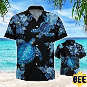 Blue Sea Turtle Tropical Flower Trending Hawaiian Shirt-1