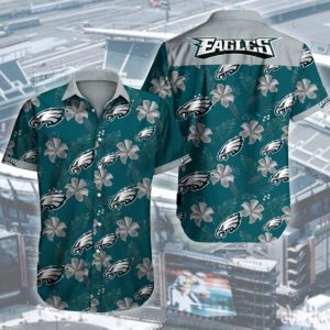 Philadelphia Eagles Hibicus NFL Button Hawaiian Graphic Print Short Sl